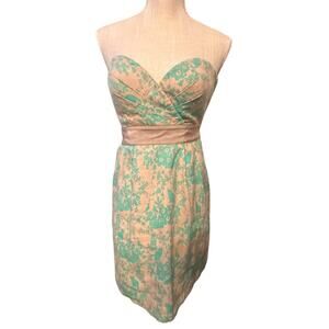 Paul & Joe Sister Babycat Print Mini Dress Sz 36 US 4 Strapless Linen Flax EUC